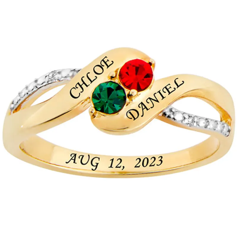 14K Gold Plated Couple's Birthstone Bypass Diamond Accent Ring sold by Limoges Jewelry