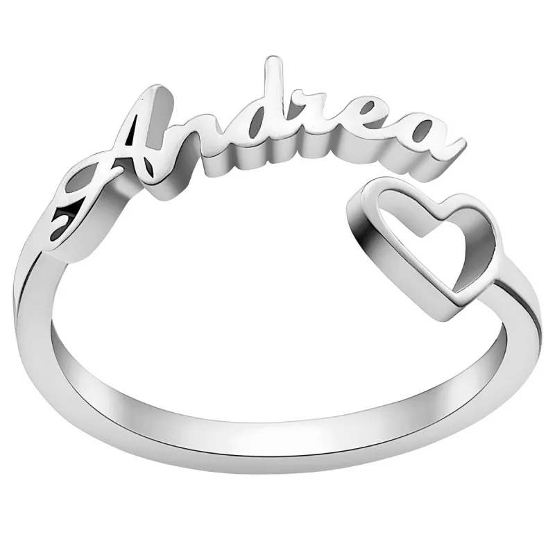 Silver Plated Script Name and Open Heart Bypass Ring sold by Limoges Jewelry