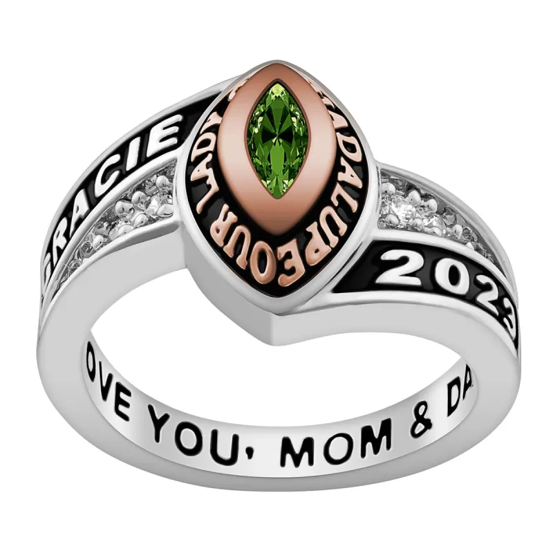 Ladies' Silver Celebrium and Rose Gold Marquise Birthstone Class Ring sold by Limoges Jewelry