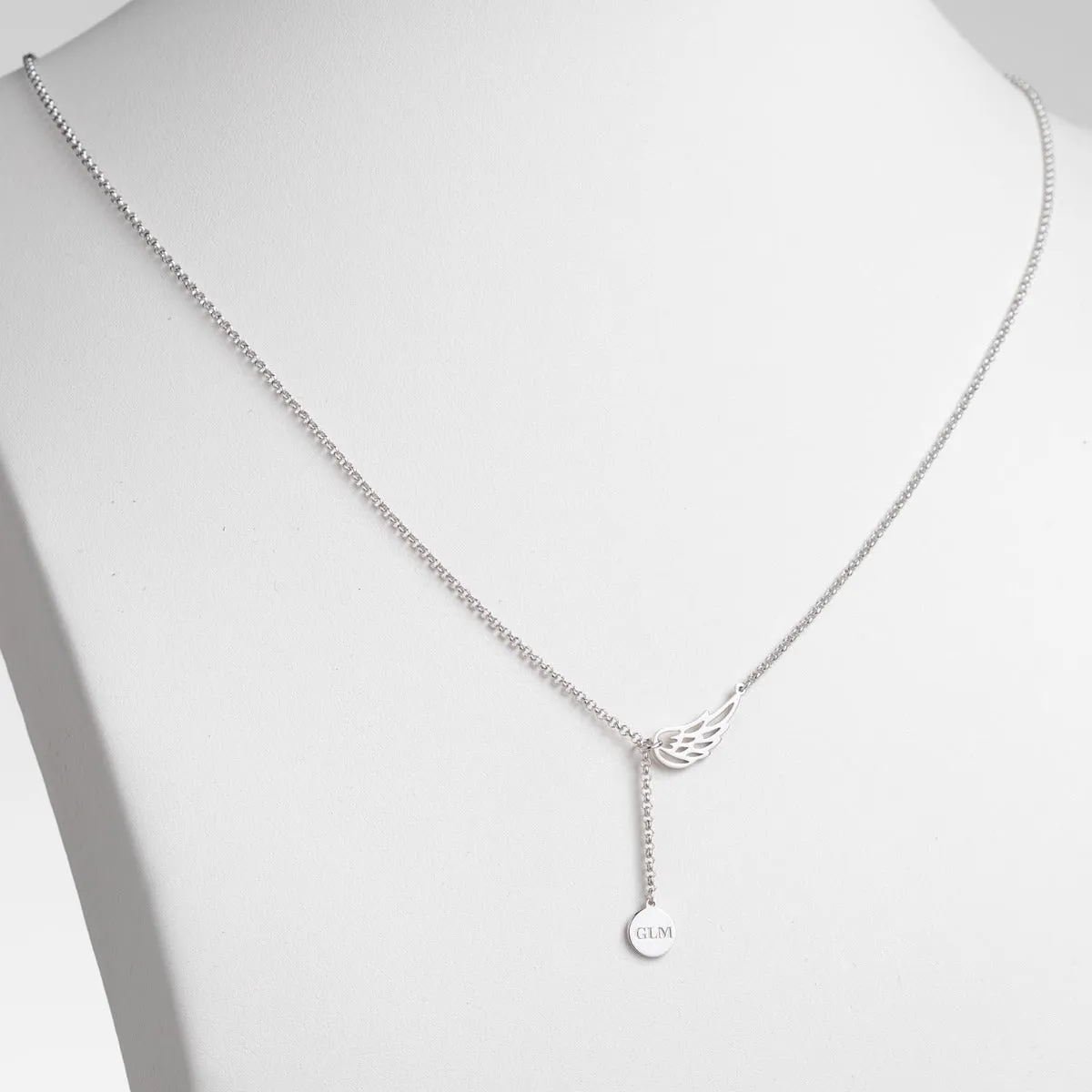 Silver Plated Engraved Initials Disc and Angel Wing Y-Necklace sold by Limoges Jewelry product image thumbnail 2