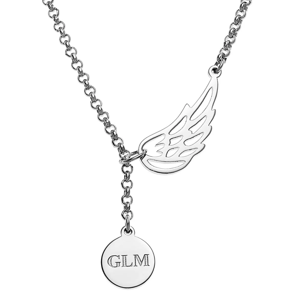 Silver Plated Engraved Initials Disc and Angel Wing Y-Necklace sold by Limoges Jewelry