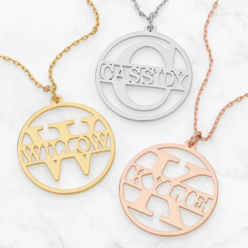 Cutout Initial and Name Disc Necklace sold by Limoges Jewelry