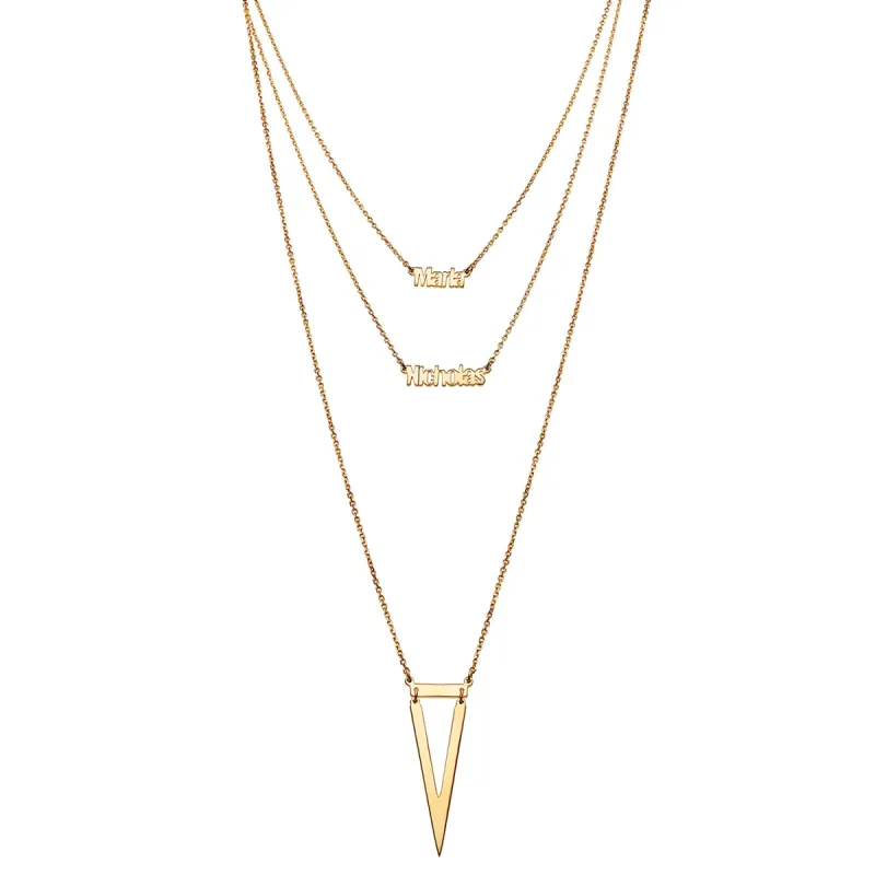 14K Gold over Sterling Double Name Layered Necklace w/ Triangle sold by Limoges Jewelry