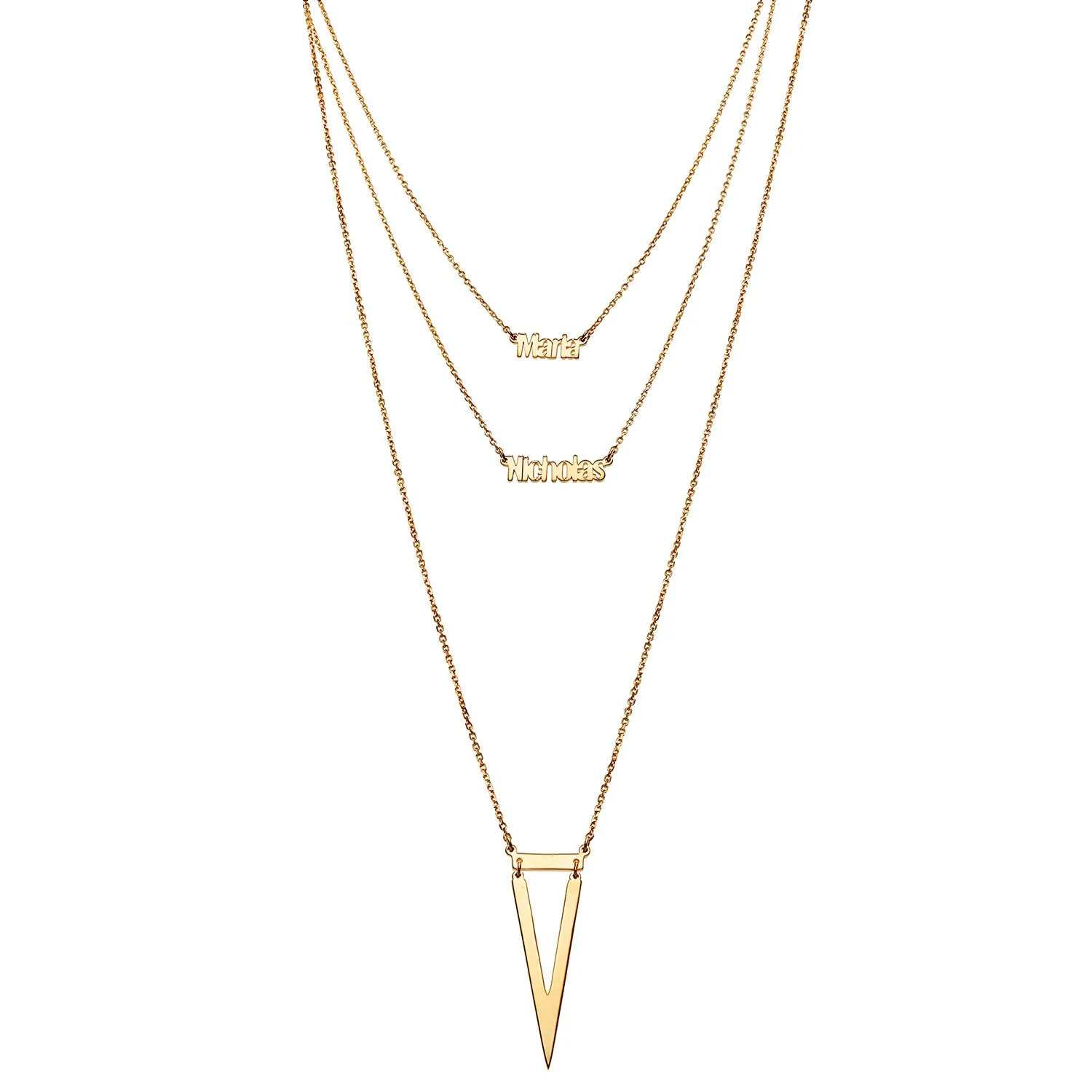 14K Gold over Sterling Double Name Layered Necklace w/ Triangle sold by Limoges Jewelry