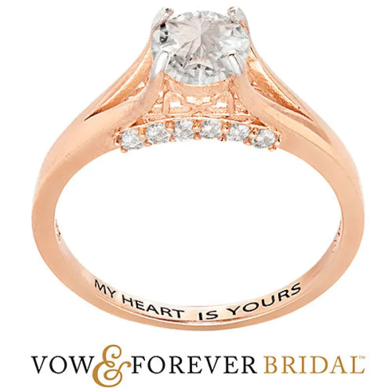 14K Rose Gold over Sterling Brilliant White Topaz Engraved Wedding Ring sold by Limoges Jewelry