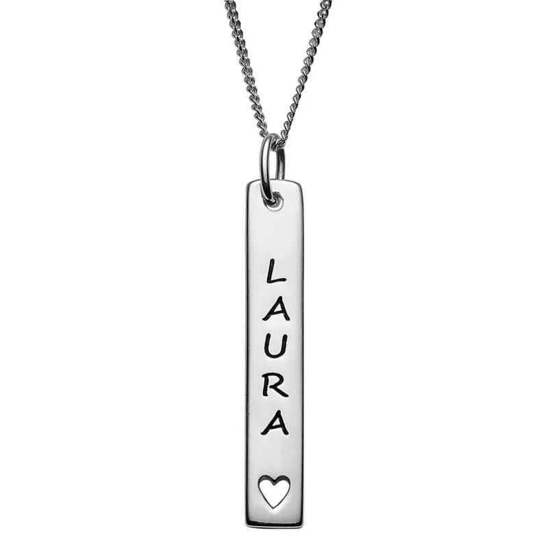 Sterling Silver Engraved Name Bar Pendant with Heart Cut-out sold by Limoges Jewelry