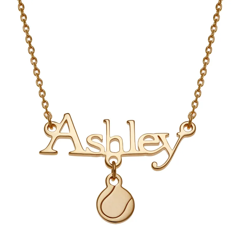 14K Gold over Sterling Name with Tennis Ball Charm Necklace sold by Limoges Jewelry