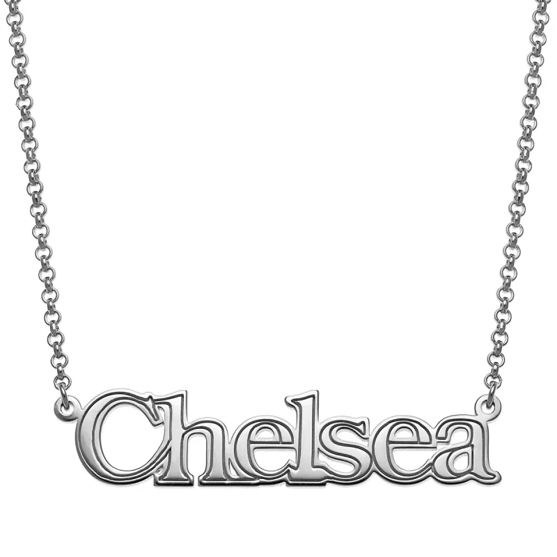 Sterling Silver Name with Outline Necklace sold by Limoges Jewelry