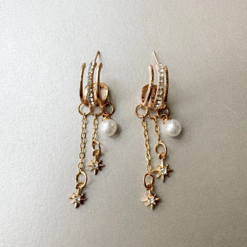 Estella Triple Hoop Celestial Pearl Earrings sold by Luxe Tones