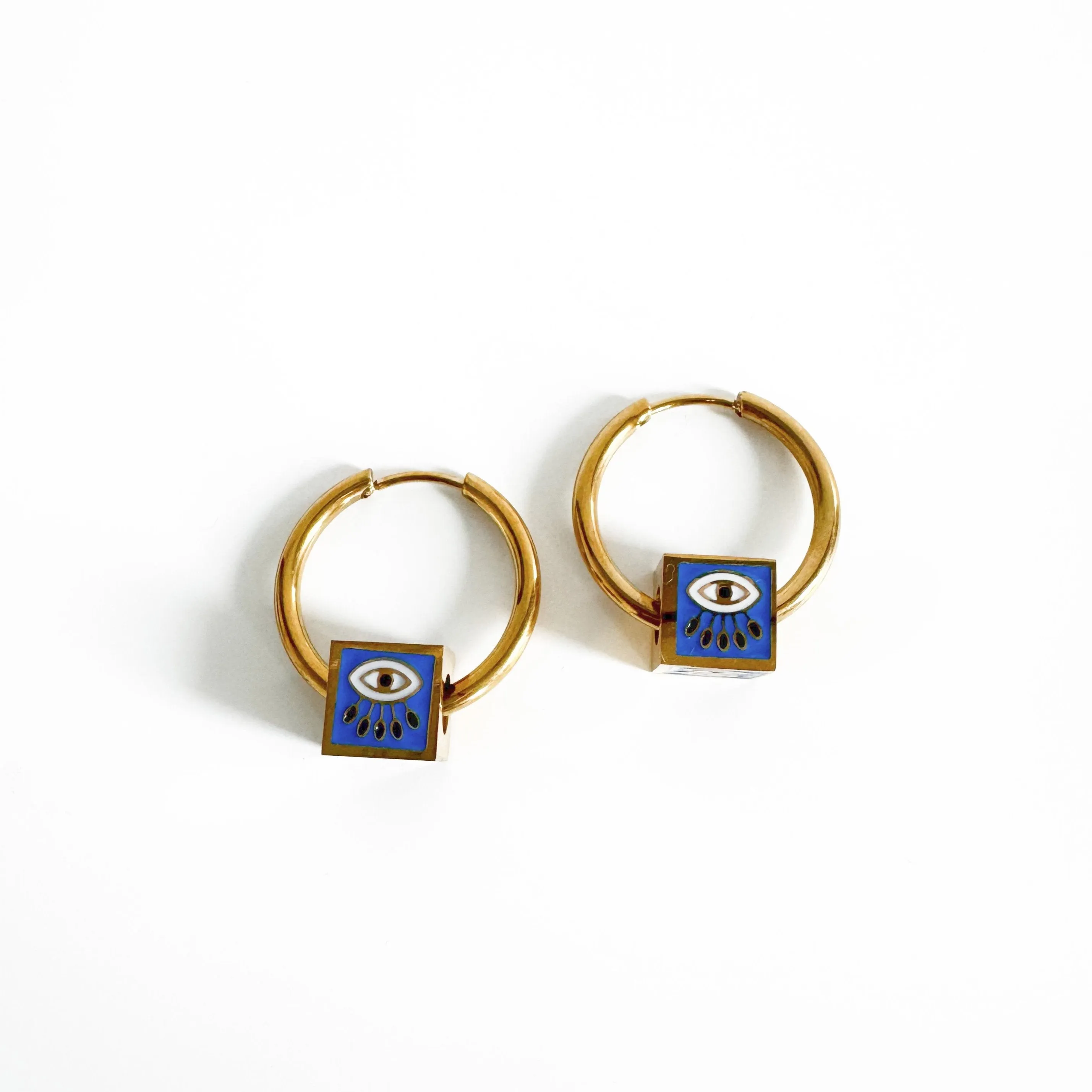 Jameela Luxe 18k Gold Plated Cobalt Evil Eye Charm Hoop Earrings sold by Luxe Tones
