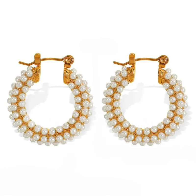 Siren Luxe 18k Gold Plated Pearl Studded Hoop Earrings sold by Luxe Tones