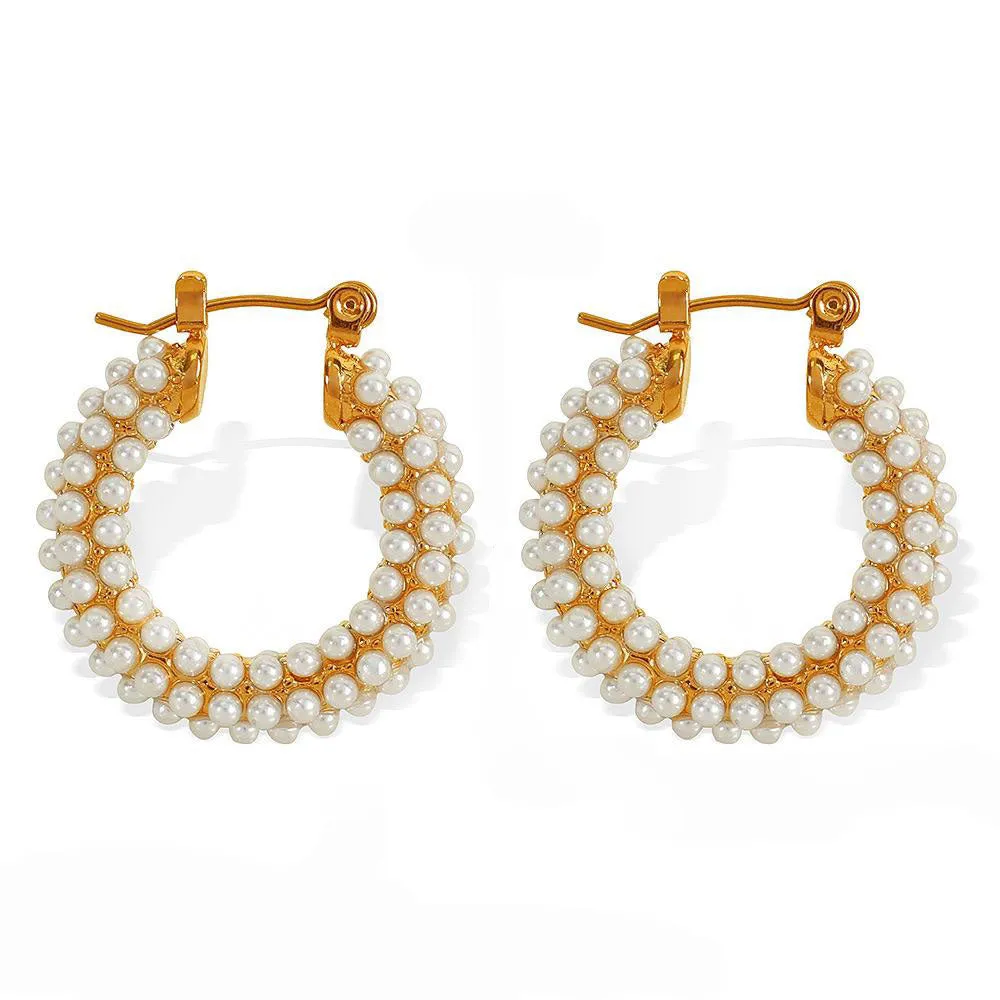 Siren Luxe 18k Gold Plated Pearl Studded Hoop Earrings sold by Luxe Tones