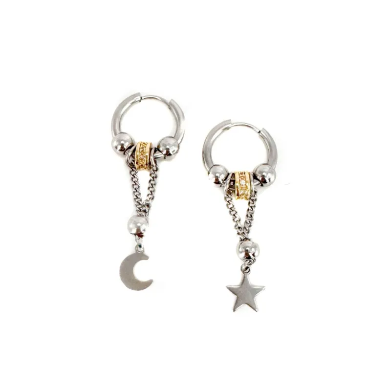 Hecate Crescent Moon and Star Mismatch Dangle Earrings sold by Luxe Tones