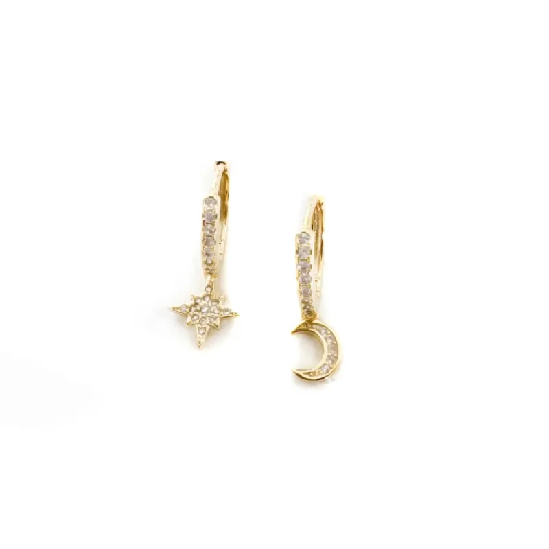 Seren Gold Moon and Star Mini Huggie Hoop Earrings sold by Luxe Tones