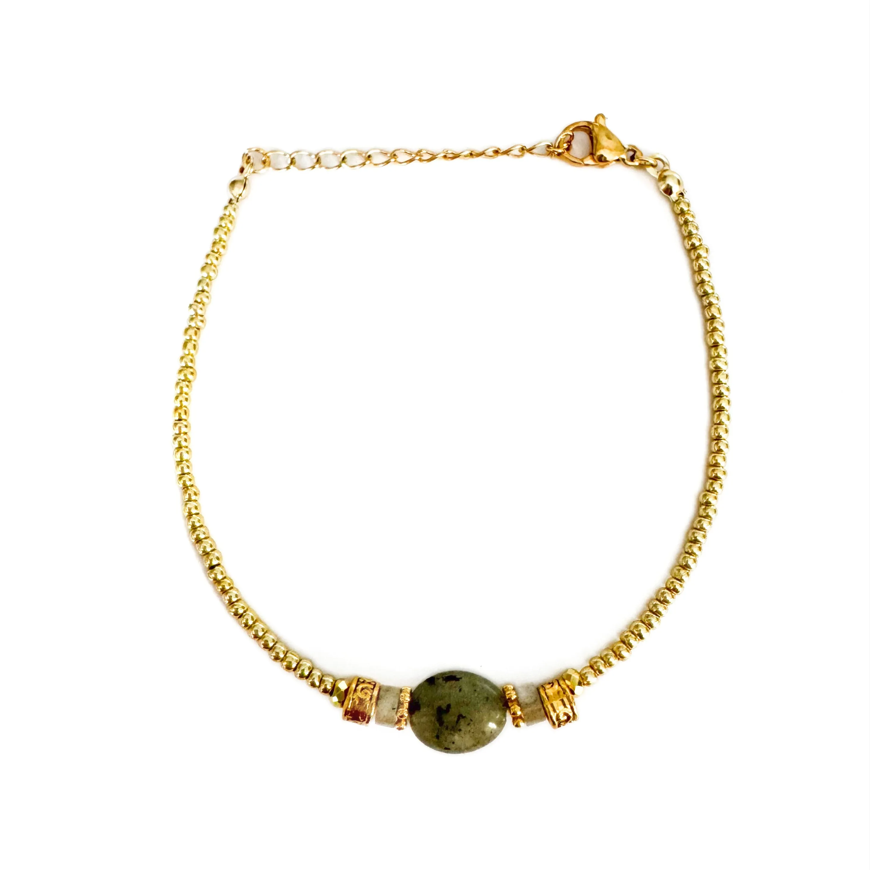 Calmara Gold Beaded Bracelet with Natural Green Stone sold by Luxe Tones