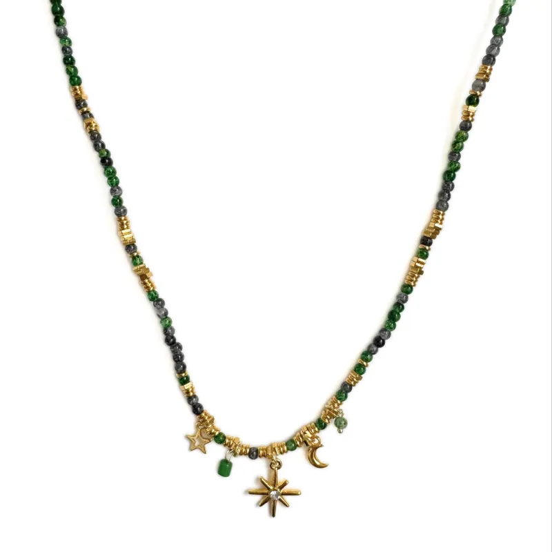 Gaia Dark Green Beaded Boho Necklace sold by Luxe Tones
