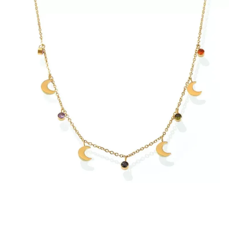 Delphine Luxe 18k Gold Plated Gold Crescent Moon & Gem Charm Necklace sold by Luxe Tones