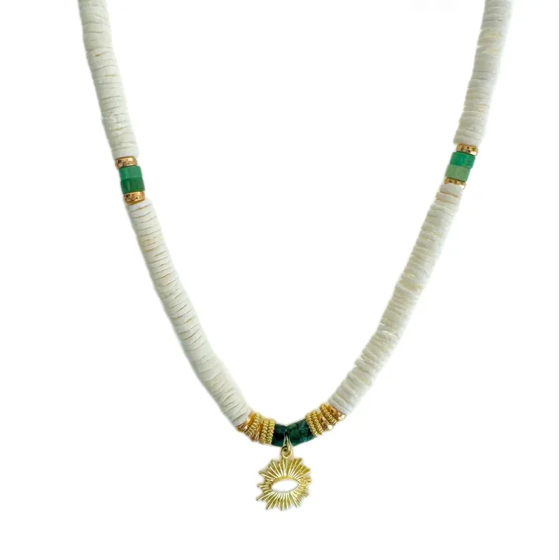Solaana White Beaded Necklace with Gold Sun Charm sold by Luxe Tones