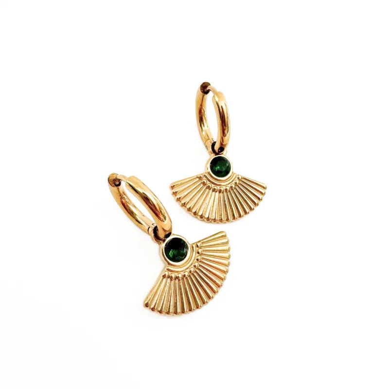 Hanaa Luxe 18k Gold Plated Green Jewel Fan Huggie Hoops sold by Luxe Tones