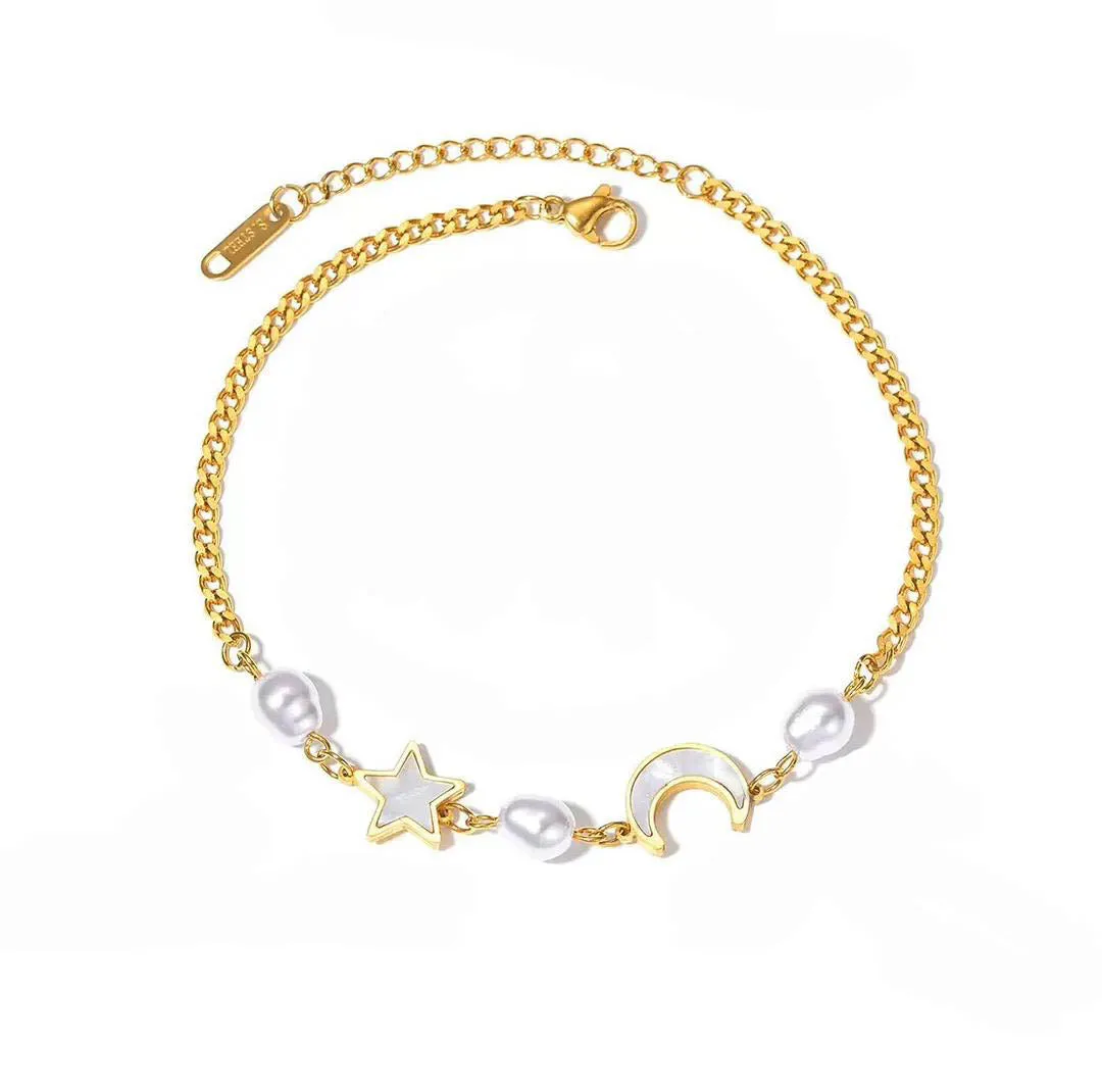 Celesta Luxe 18k Gold Plated Pearl Charm Celestial Anklet sold by Luxe Tones