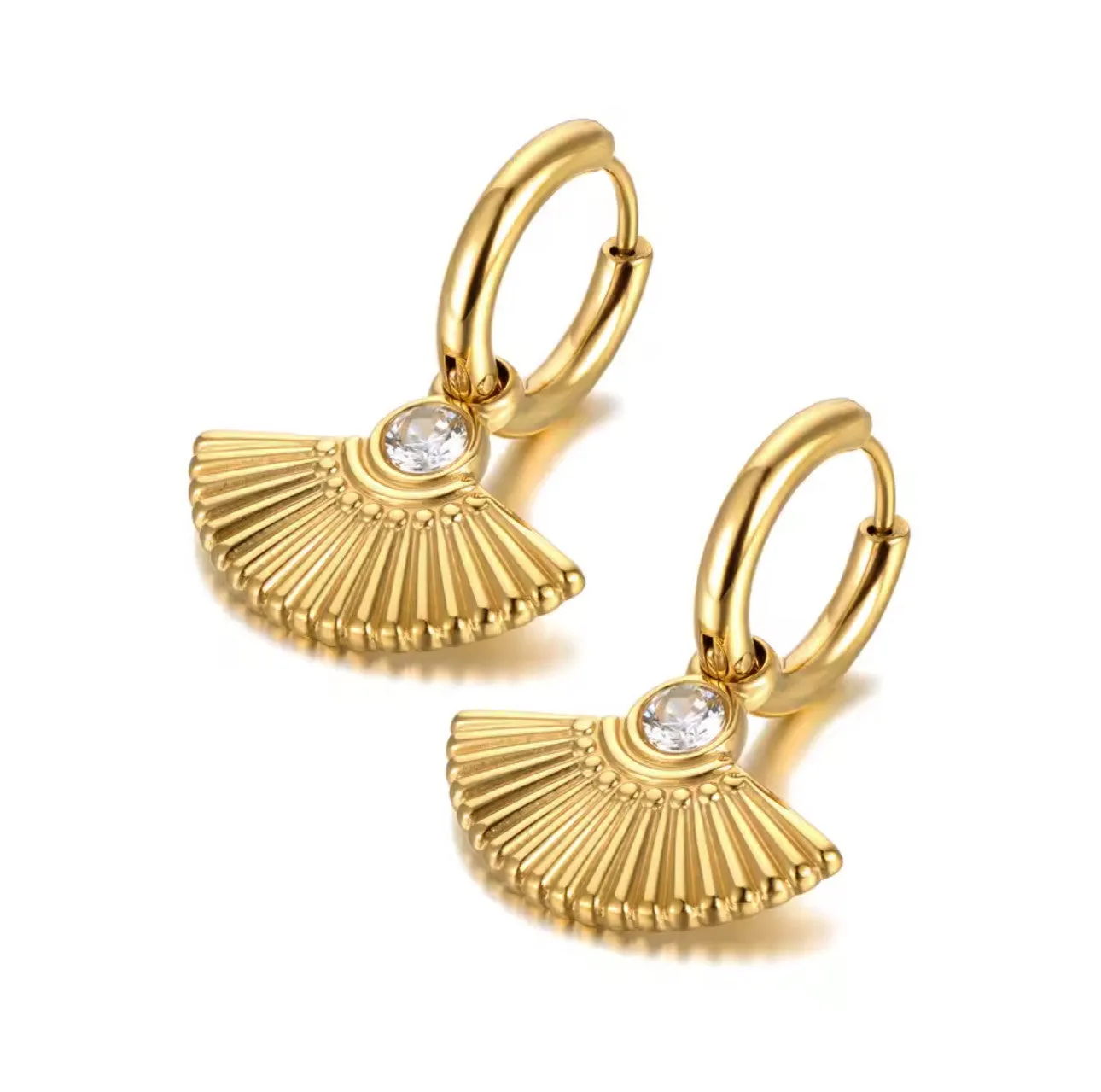 Hanaa Luxe 18k Gold Plated Fan Clear Jewel Huggie Hoops sold by Luxe Tones