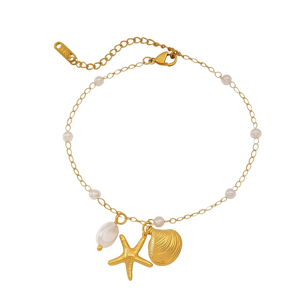 Ocean Luxe 18k Gold Plated Pearl Anklet with Starfish And Shell Charms sold by Luxe Tones