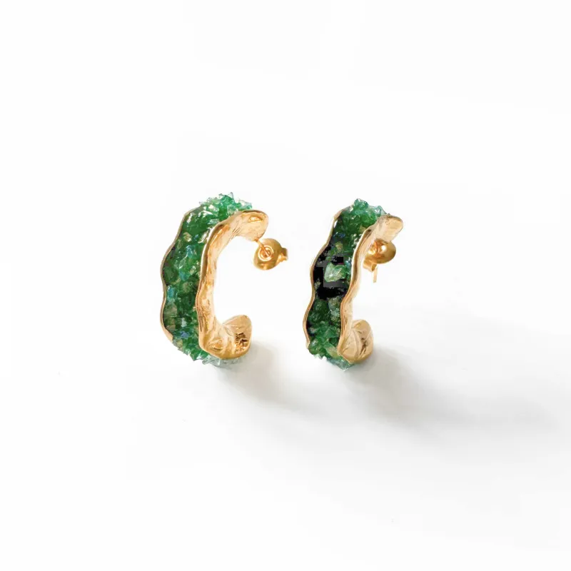Arielle Green Crystal Textured Hoop Earrings sold by Luxe Tones