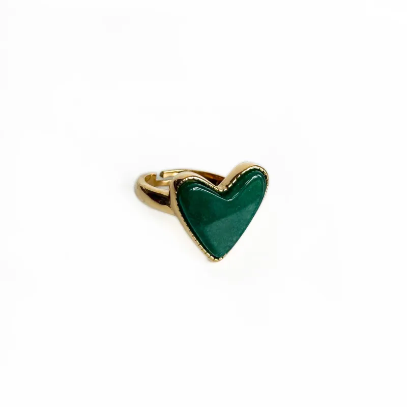 Hellie 18k Gold Plated Green Stone Adjustable Heart Ring made by Luxe Tones