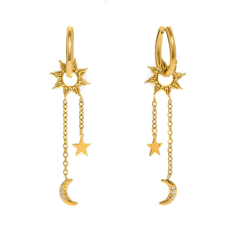 Aura Luxe 18k Gold Plated Sun Moon and Star Drop Earrings sold by Luxe Tones