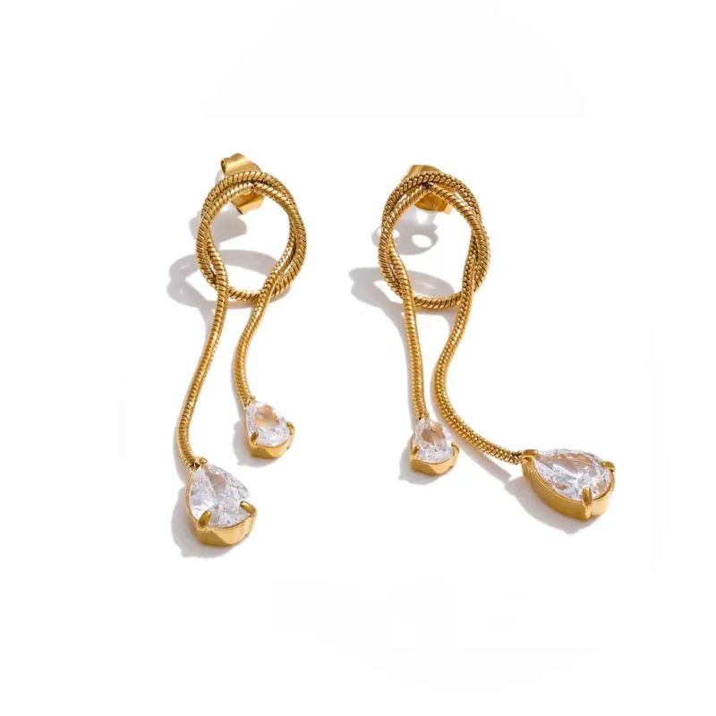 Maia Luxe 18k Gold Plated Snake Chain Drop Earrings with Teardrop Crystals sold by Luxe Tones