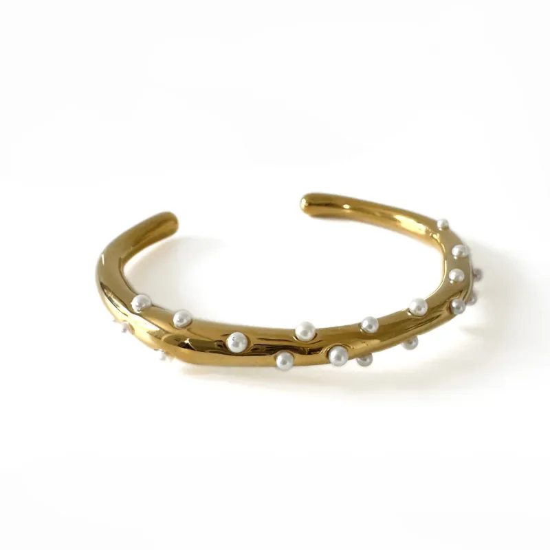 Neeva Luxe 18k Gold Plated Open Bangle with Mini Pearls sold by Luxe Tones