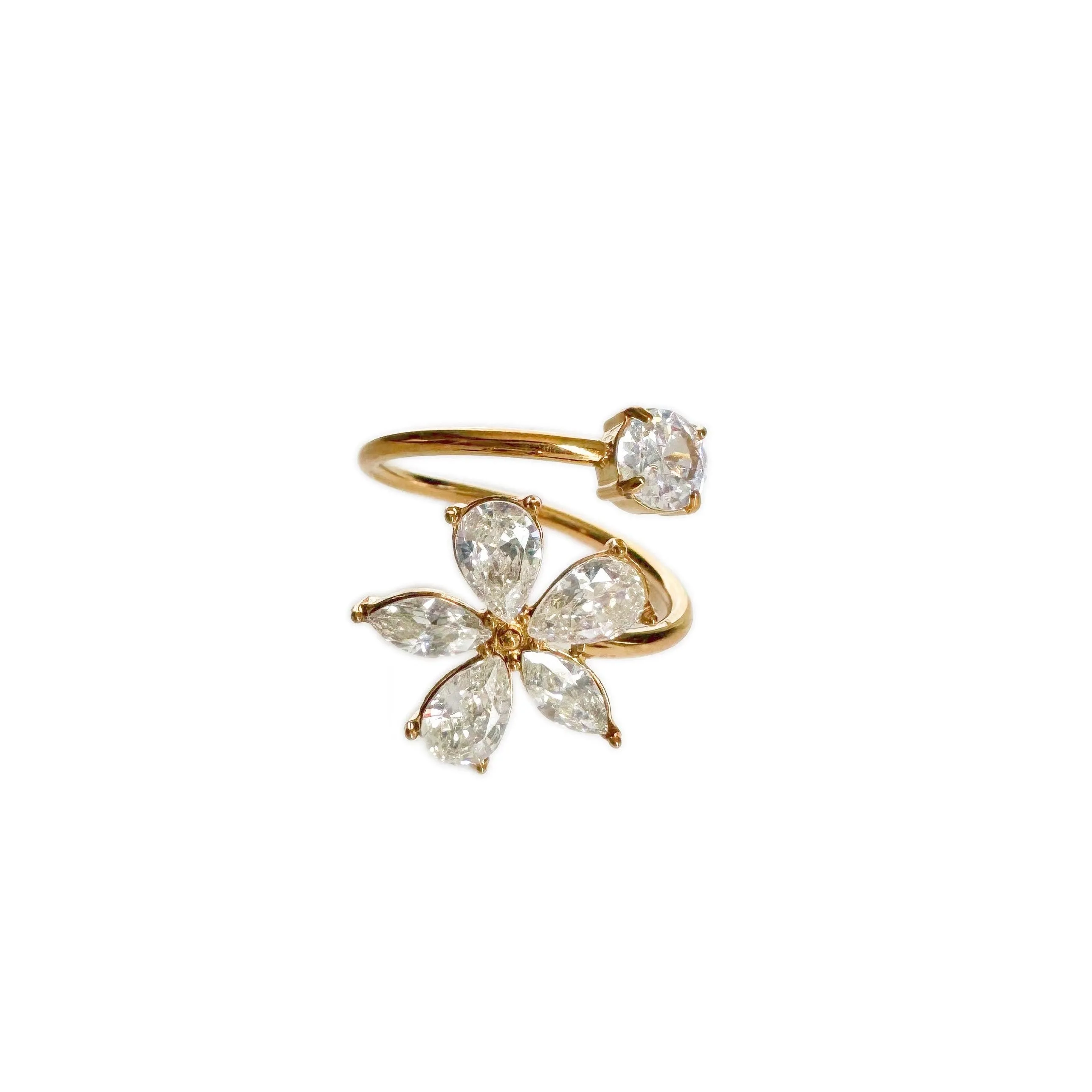 Fleur Luxe 18k Gold Plated Open Crystal Flower Ring sold by Luxe Tones