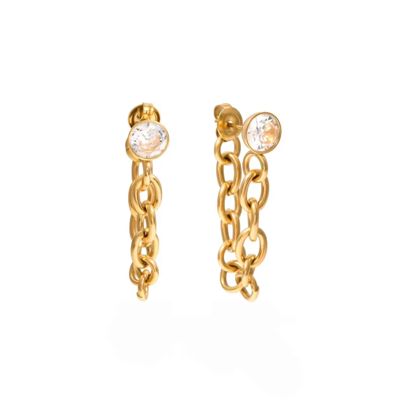 Solenne 18k Gold Plated Crystal Chain Drop Earrings made by Luxe Tones