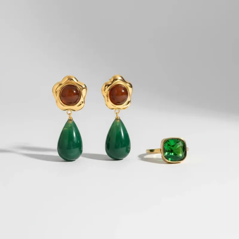 Green Goddess 18k Gold Plated Earrings & Ring Bundle sold by Luxe Tones