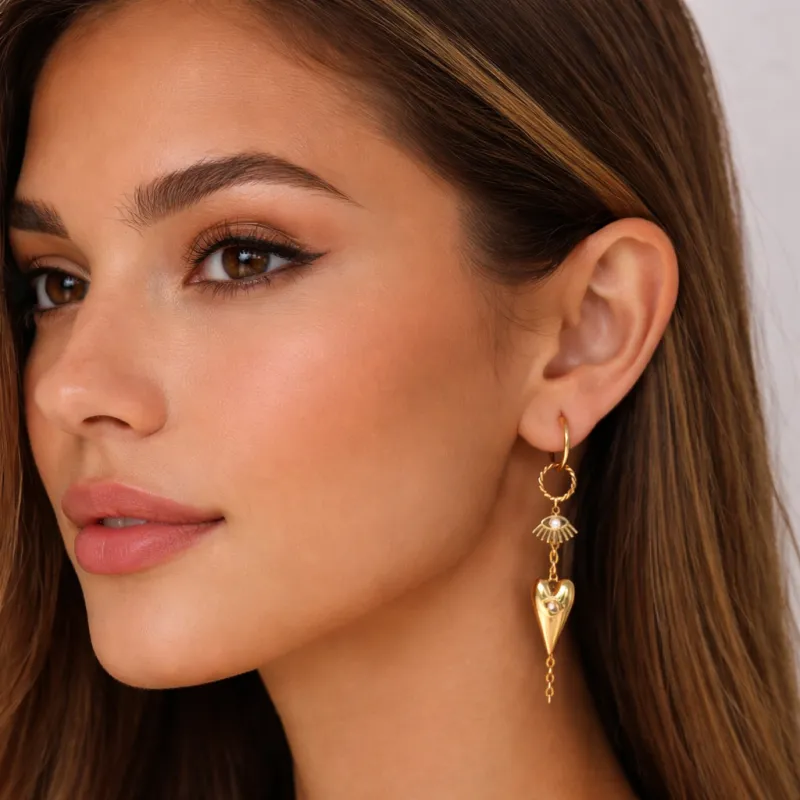 Isis Luxe 18k Gold Plated Protective Heart Drop Earrings made by Luxe Tones
