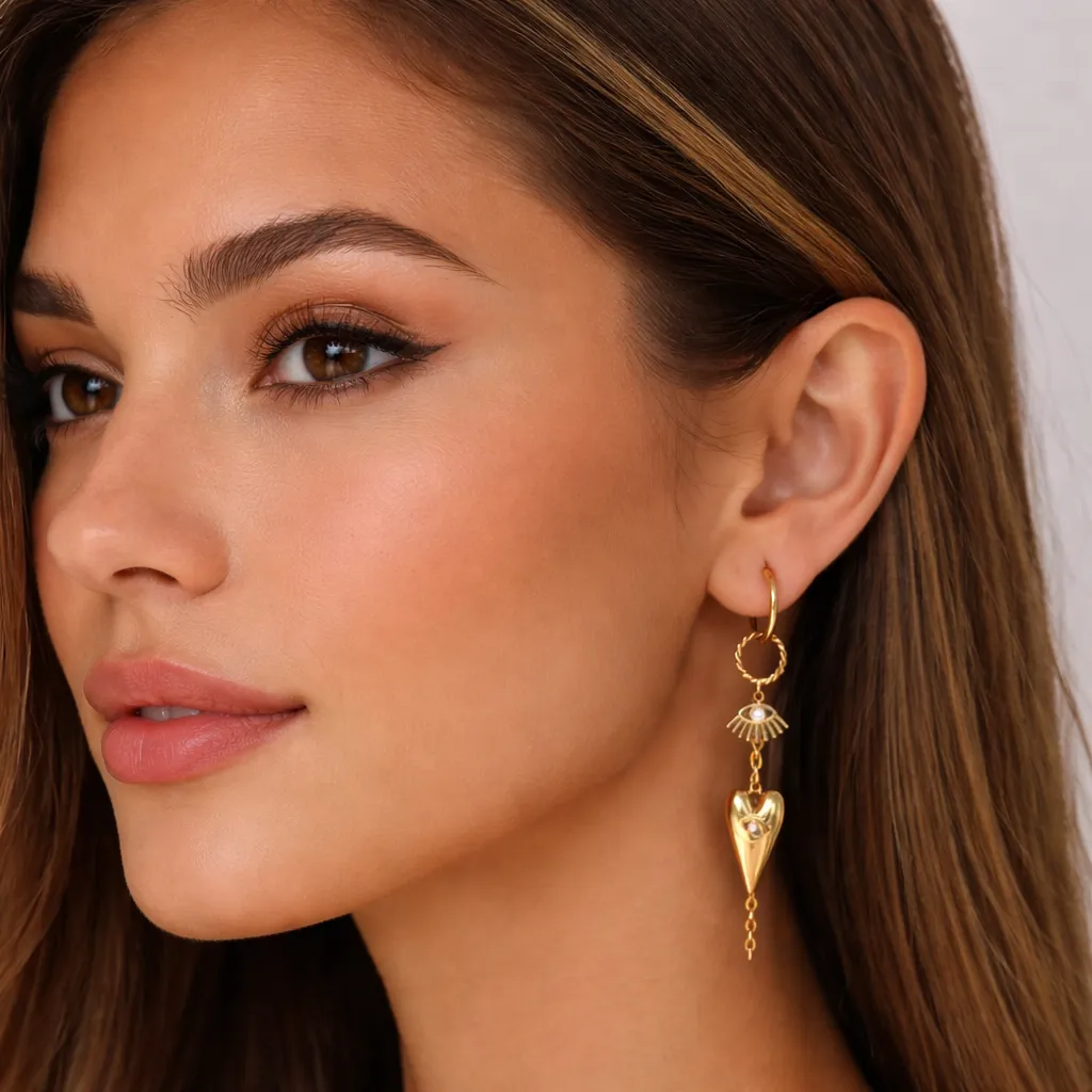 Isis Luxe 18k Gold Plated Protective Heart Drop Earrings sold by Luxe Tones