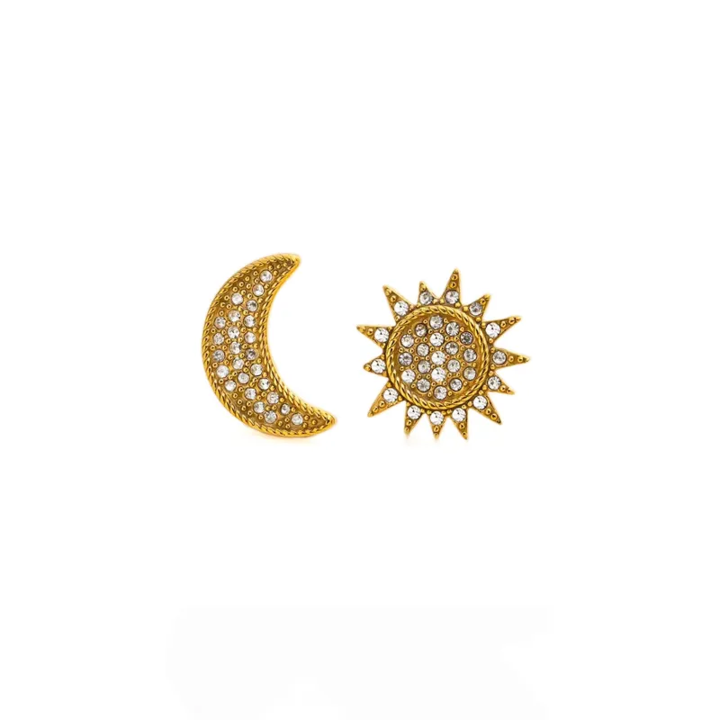 Gold Sun and Moon Large Jewelled Stud Earrings Celestial 18k Gold Plated made by Luxe Tones