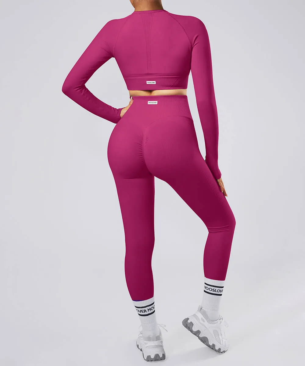 Solid Color Long sleeves 3Pcs Seamless Butt Lift Legging Set sold by MOOSLOVER product image thumbnail 2