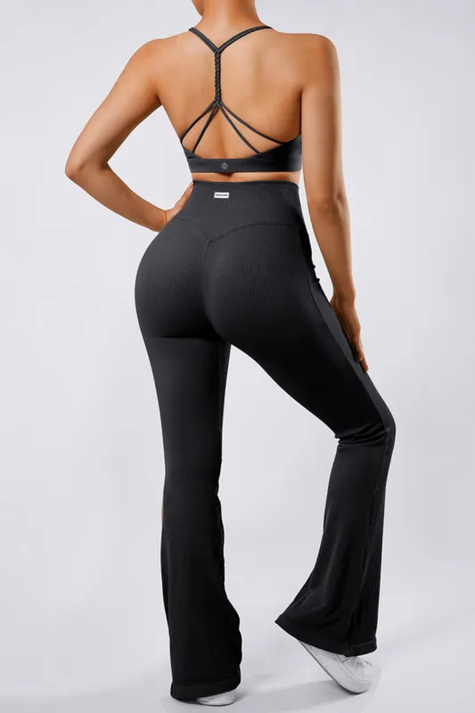 Twisted Straps Ribbed Flared Seamless Legging Set made by MOOSLOVER
