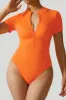 Ribbed Stretch Short Sleeves Zip Front Bodysuit sold by MOOSLOVER
