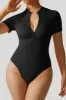 Ribbed Stretch Short Sleeves Zip Front Bodysuit sold by MOOSLOVER
