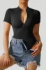 Ribbed Stretch Short Sleeves Zip Front Bodysuit sold by MOOSLOVER