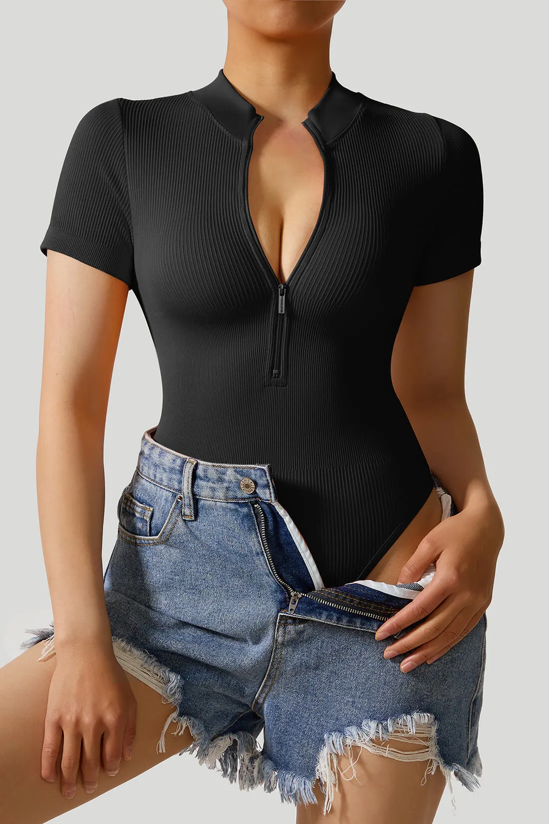 Ribbed Stretch Short Sleeves Zip Front Bodysuit sold by MOOSLOVER product image thumbnail 3