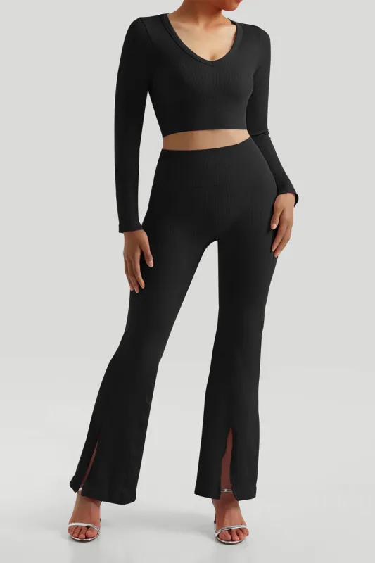 Threaded Long Sleeves Split Flare Pants Set sold by MOOSLOVER