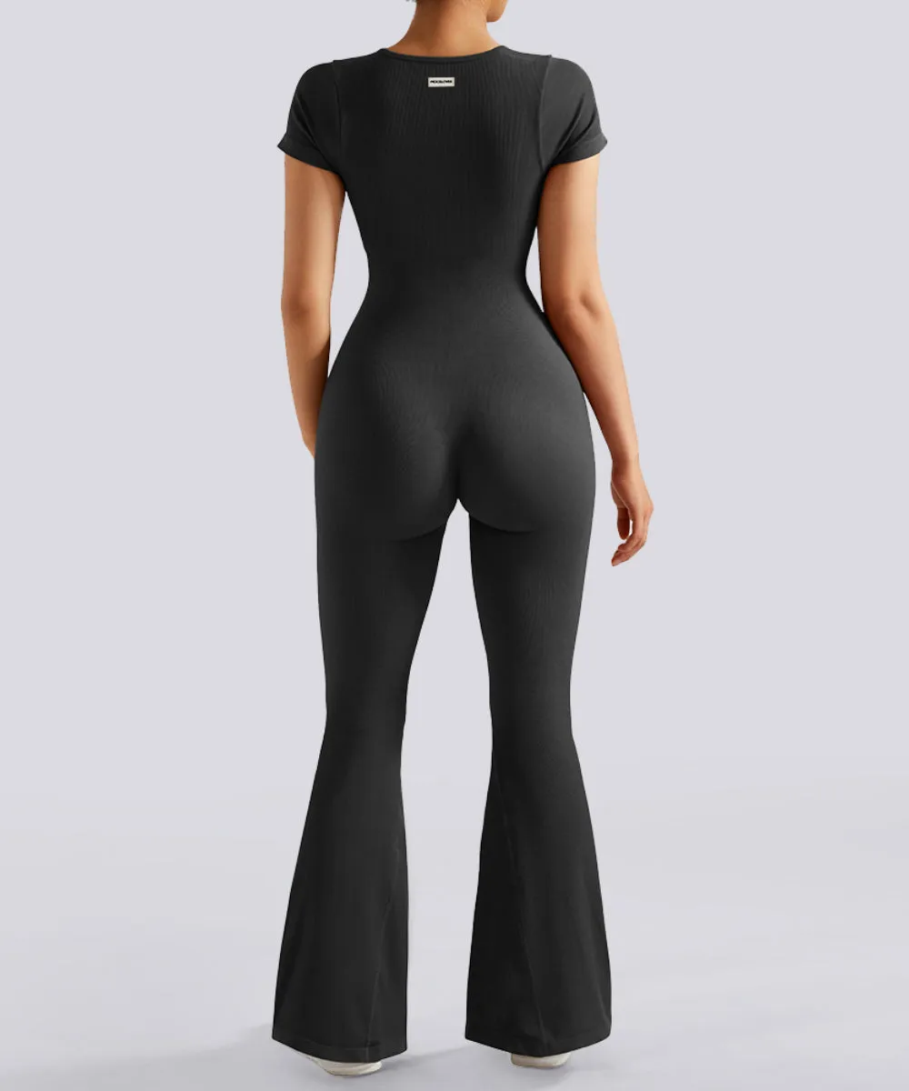 Short Sleeves Tummy Control Flared Jumpsuit sold by MOOSLOVER product image thumbnail 3
