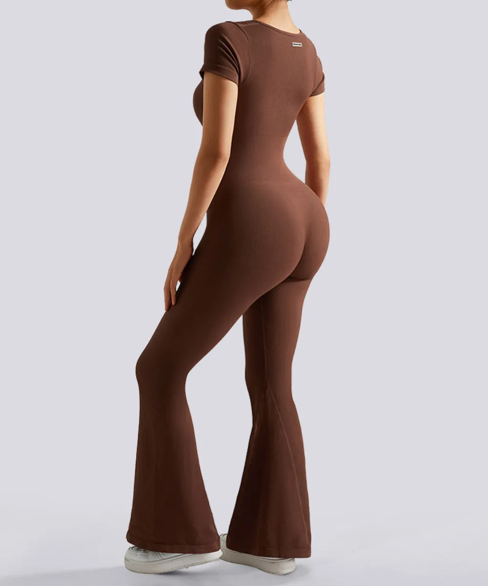 Short Sleeves Tummy Control Flared Jumpsuit sold by MOOSLOVER product image thumbnail 4
