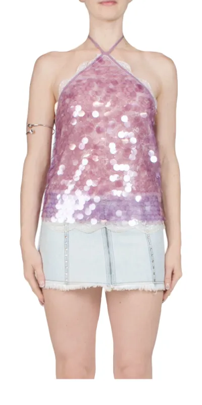 Negy Lace-Trimmed Sequined Halterneck Top sold by Maison Rogue