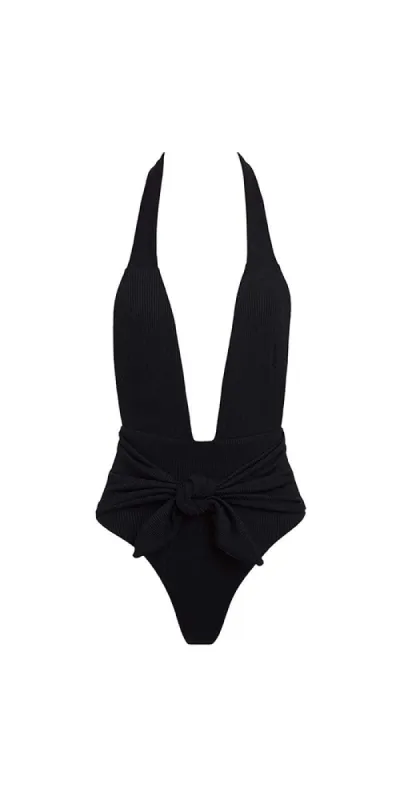 Tropez Tie-Up One-Piece Black Rib sold by Maison Rogue
