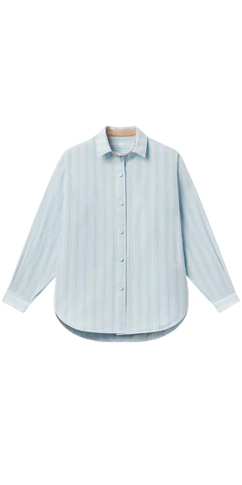 Airy Cotton Curved Hem Shirt Azure Stripe sold by Maison Rogue