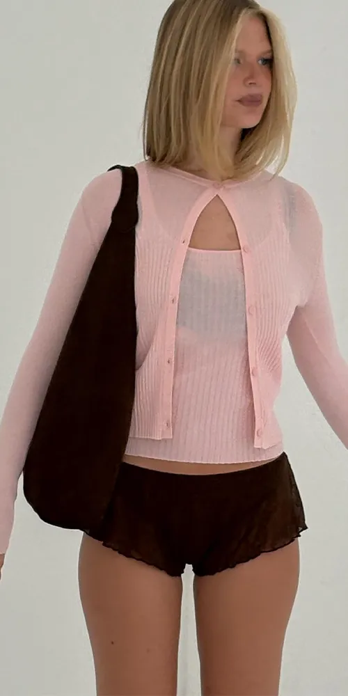 Ribbed Knit Cardigan Powder Pink sold by Maison Rogue product image thumbnail 2